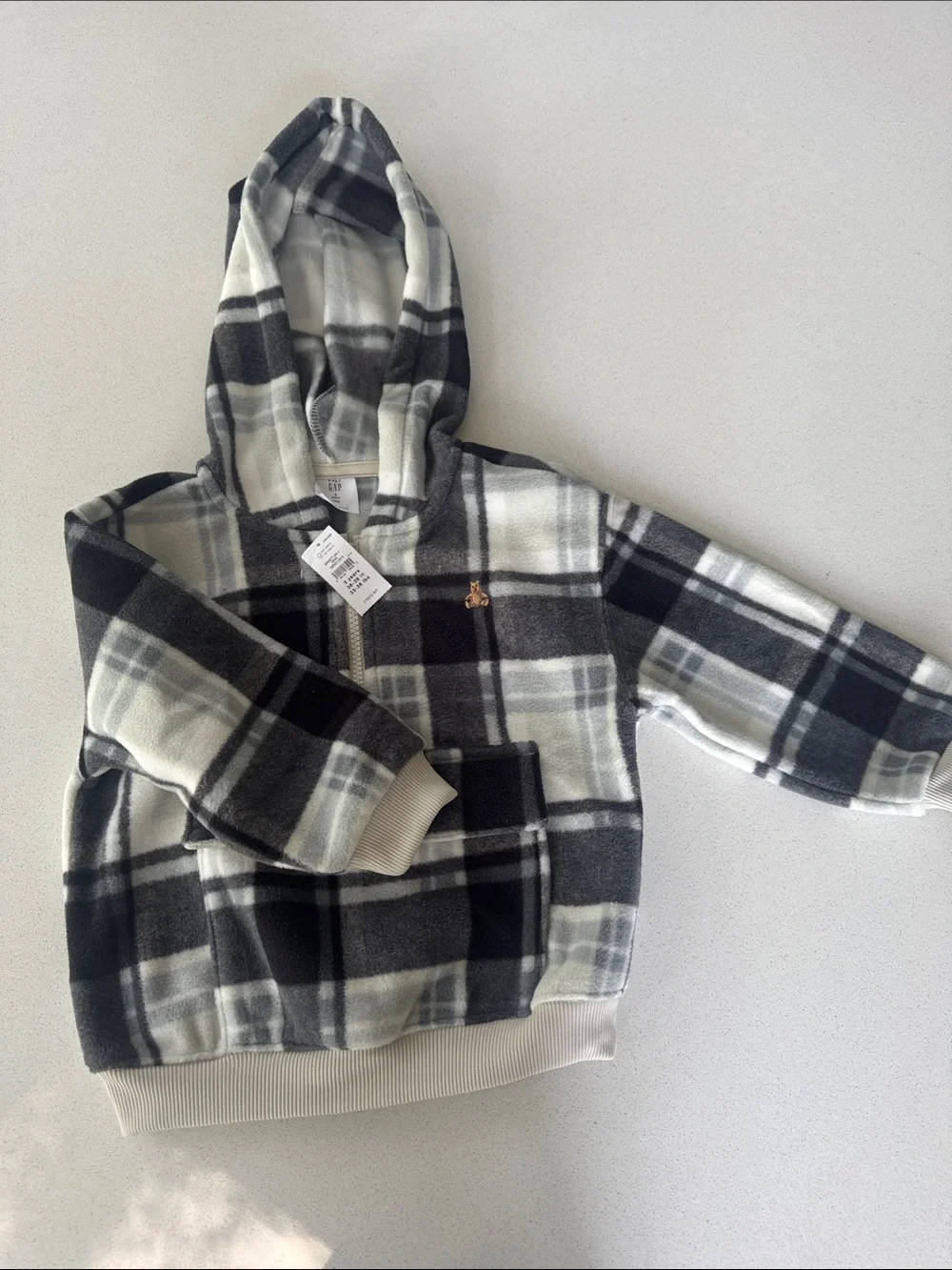GAP Black & White Plaid Hooded Fleece Pullover